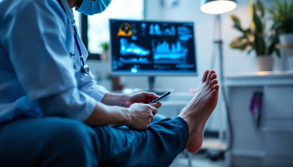 doctor revisando pie con radiografia en consulta clinica