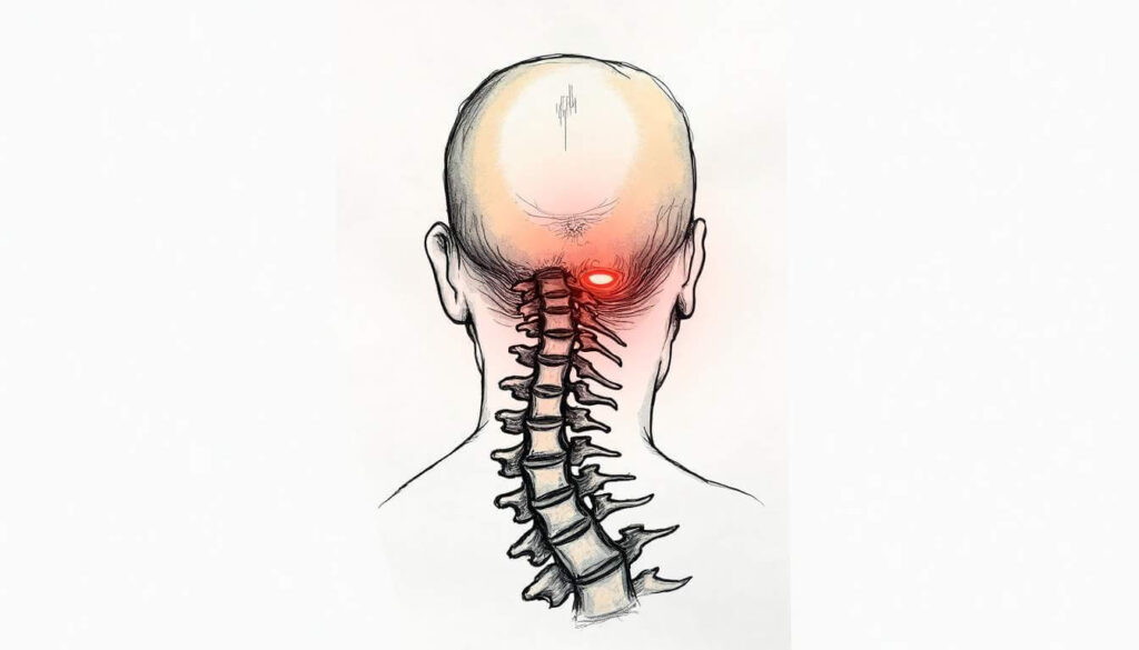 dibujo de columna y cráneo con señal en cabeza
